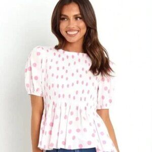 NWT Petal & Pup Short Sleeve Cotton Polka White and Pink Top, Gasal, size 8
